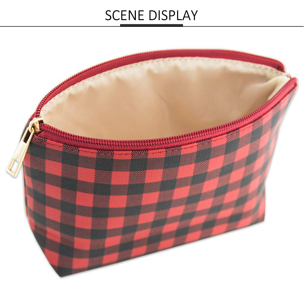 3pcs Red Black Plaid Polyester Cosmetic Bag For Travel