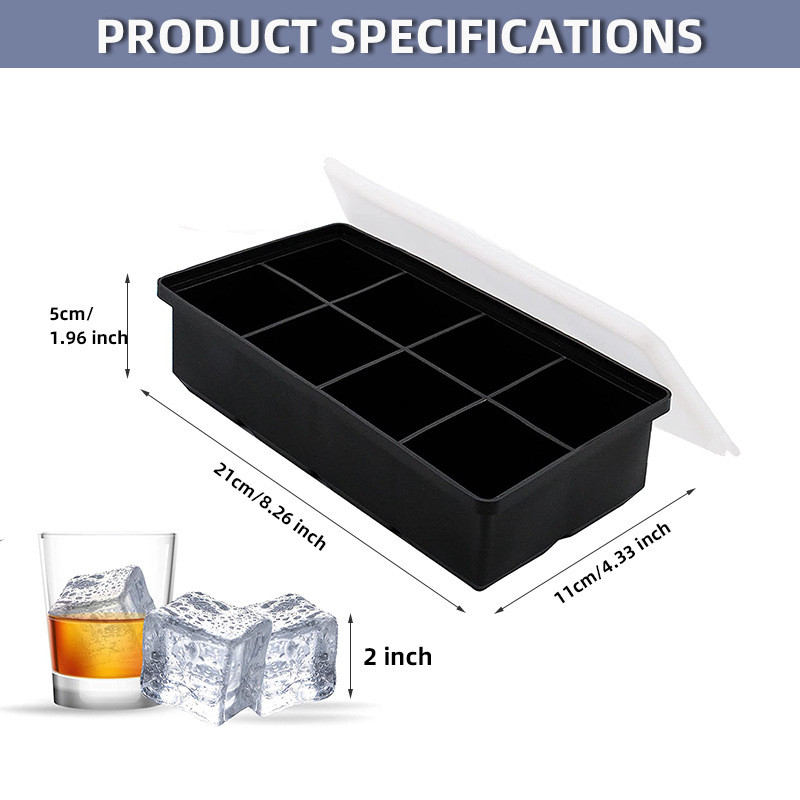 Ice Cube Trays – Large Silicone Ice Cube Mold For Freezer – Makes 8 Giant Whiskey Ice Cubes, Square Silicone Molds (2 Pack)