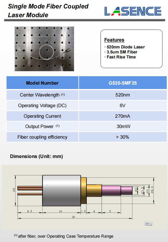 Single Longitudinal Mode APC Power Type 520nm 30mw Semiconductor Laser Coupled Fiber Optic Green Laser Module