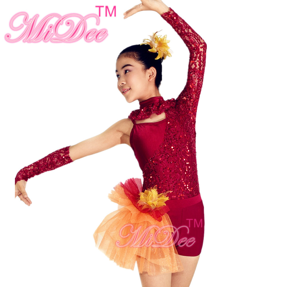 Asymmetrical Jazz Dress Costumes One Sleeve Sequin Lace Dance Leotards Spandex Short With Side Suttles