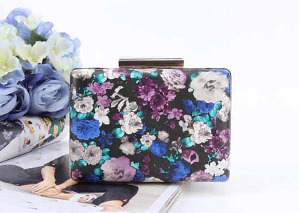 Flowers painting printed surface pu metal frame rectangle shaped pu clutch bag