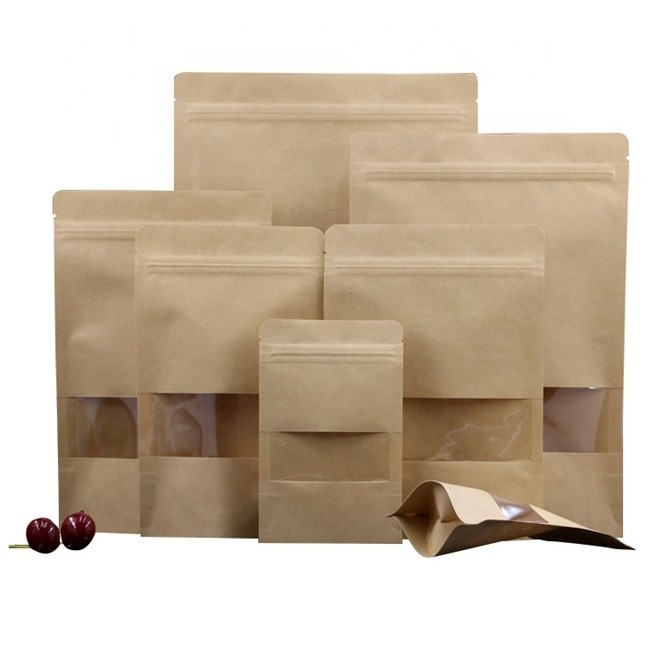 Doypack k Brown White Kraft Craft Paper Standing Up Pouches Food Packaging Zipper Bags With Window