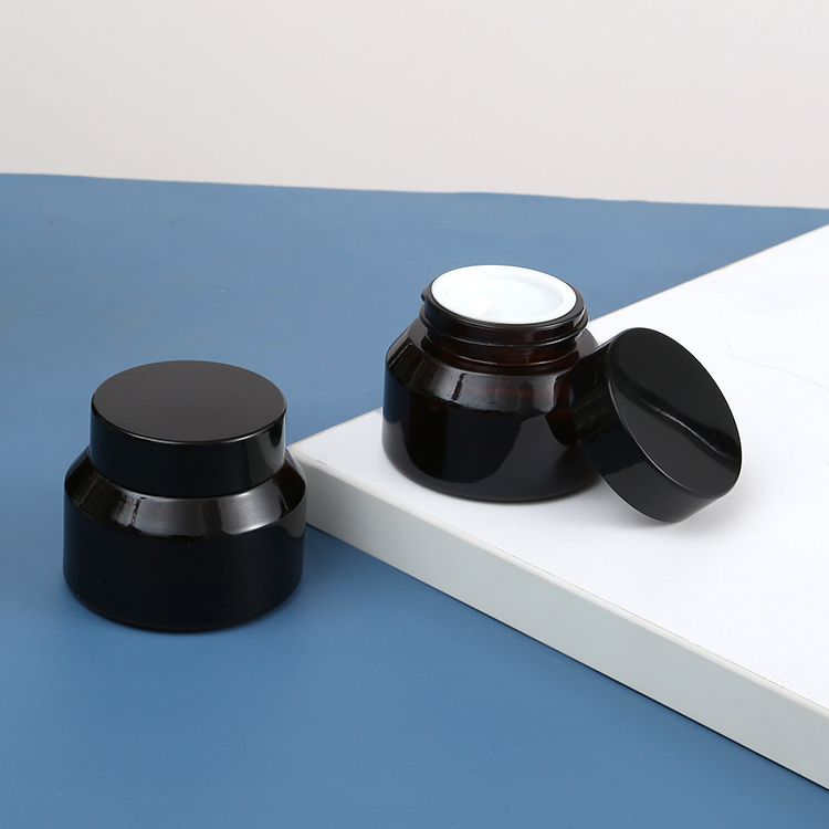 Stock Luxury Skin Care Glass Jar 50g Empty Frosted Cosmetic Packaging with Black Lid and Glass Bottle Plastic Cap White Disc