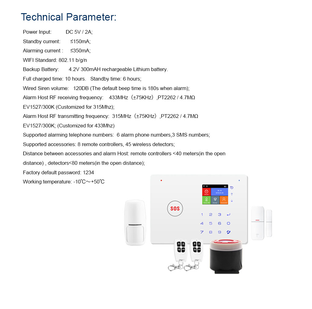 5V2A Touch Screen House Alarm 120dB Security Alarm System Wireless Gsm Alarm