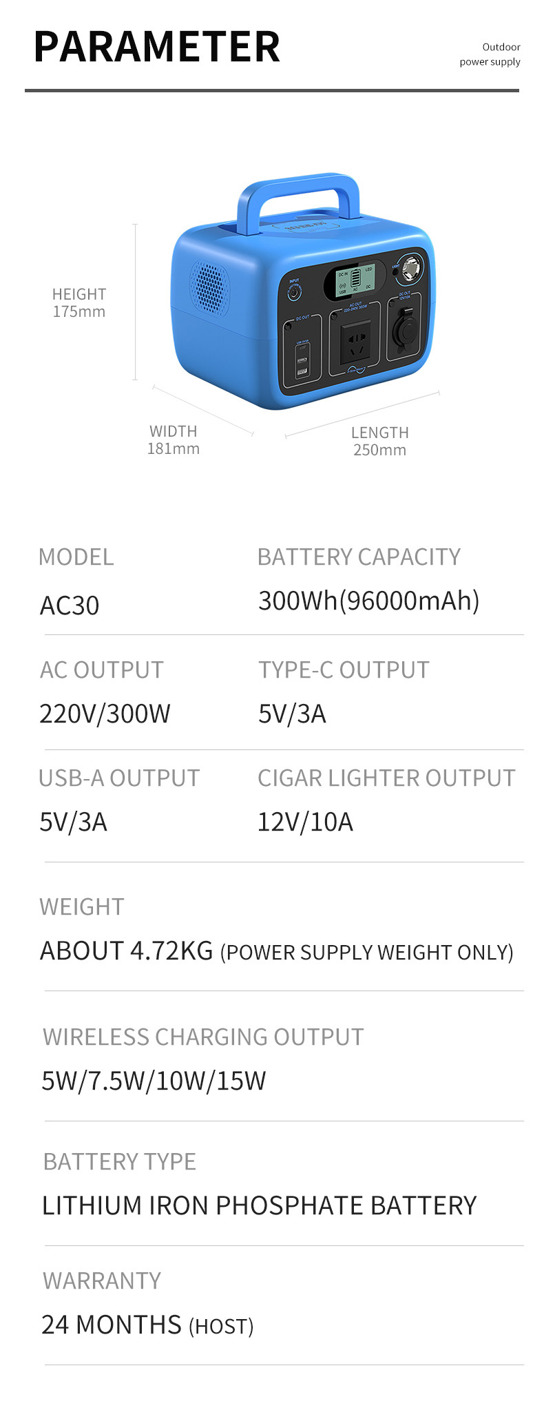 Portable outdoor power supply 300W AC output power 300Wh capacity outdoor camping stall energy storage power supply