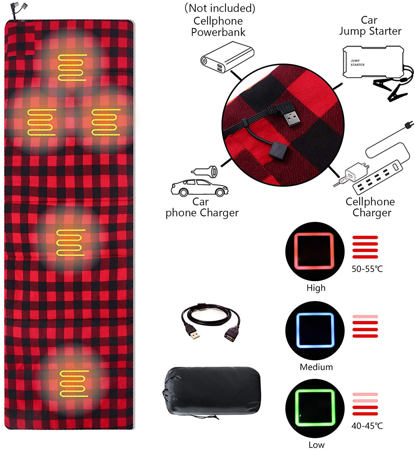 61cm Width Electric Sleeping Bag Liner , Self Heating Sleeping Bag With 5V 2A Power