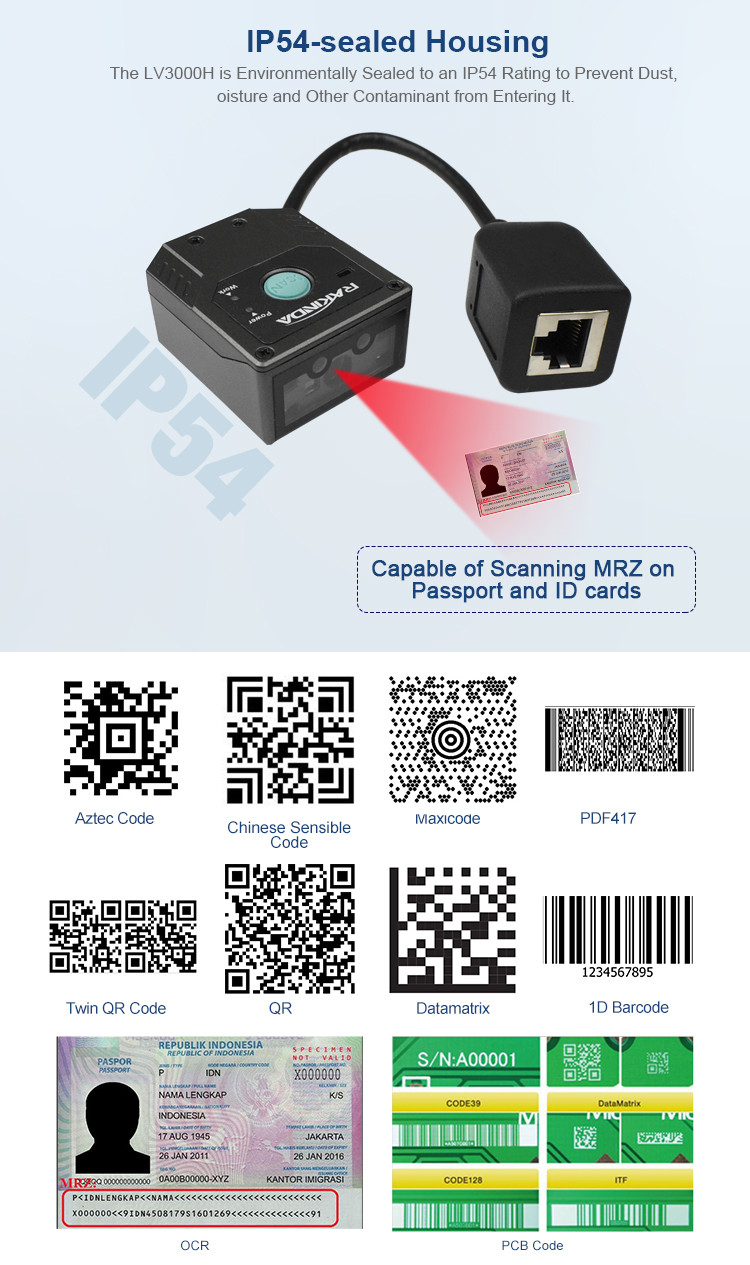 3mil CMOS Image 2D PDF417 OCR Fixed Mount Barcode Scanner