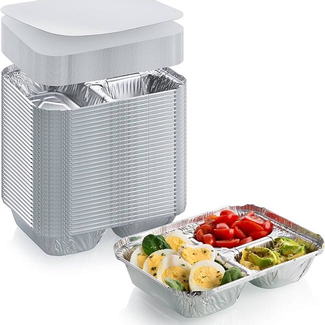 3 Compartment Rectangular Aluminum Foil Plate Food Container With Flat Lids Disposable