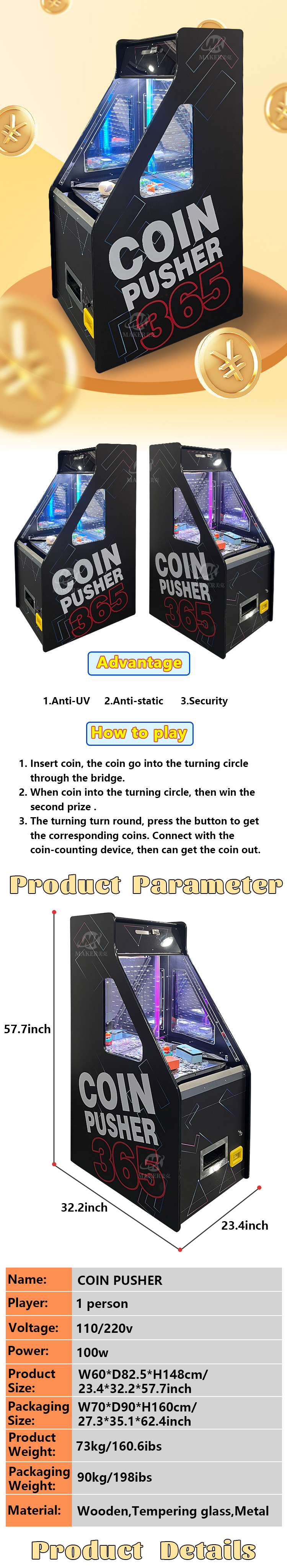 Single Player Arcade Gaming Machine Anti Static Coin Operated Coin Pusher Machine