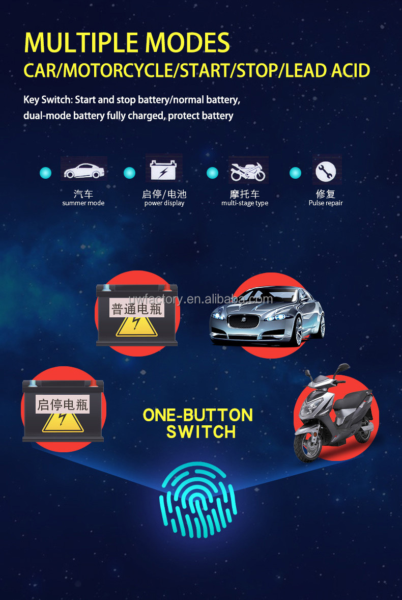 High Speed Charging Intelligent Pulse Repair Battery Charger for Automobiles and Motorcycles 12V/24V Output