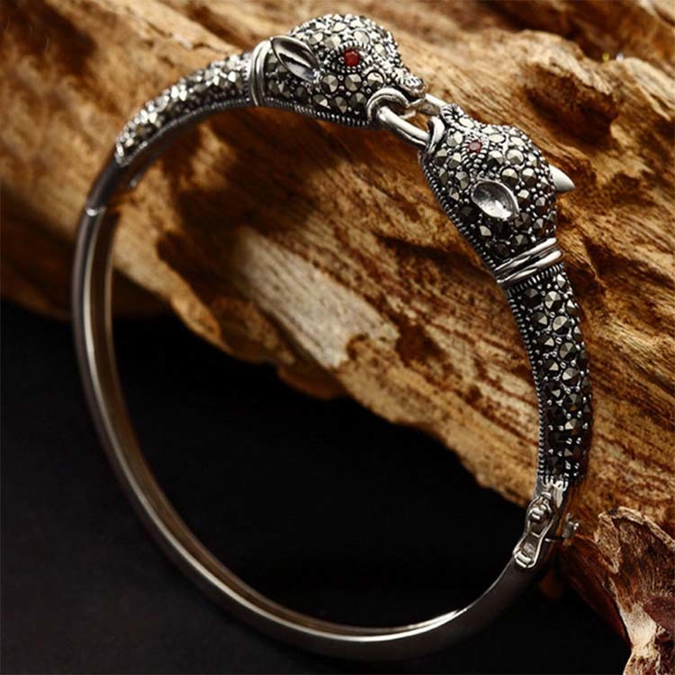 925 Sterling Silver Pave Marcasite Leopard Bangle Bracelet Vintage Jewelry for Women (B6041201)