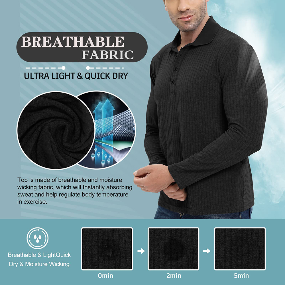 Custom Polo T Shirt Rib Knit Men's Muscle Fit Long Sleeve Workout Tee for Gym and Golf