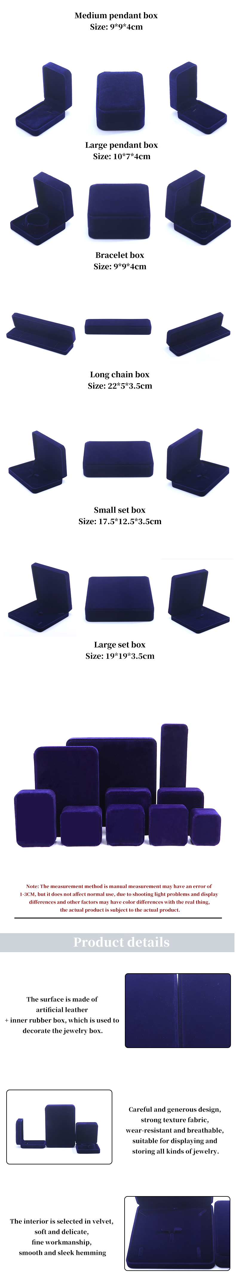 China Manufacturing wholesale high end Handmade Necklace Ring Box Jewellery Packaging Custom logo Luxury Square Suede Velvet Blue Jewelry Box