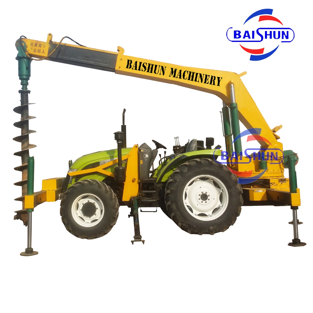 Wooden pole erecting by tractor mounted post hole digger machine