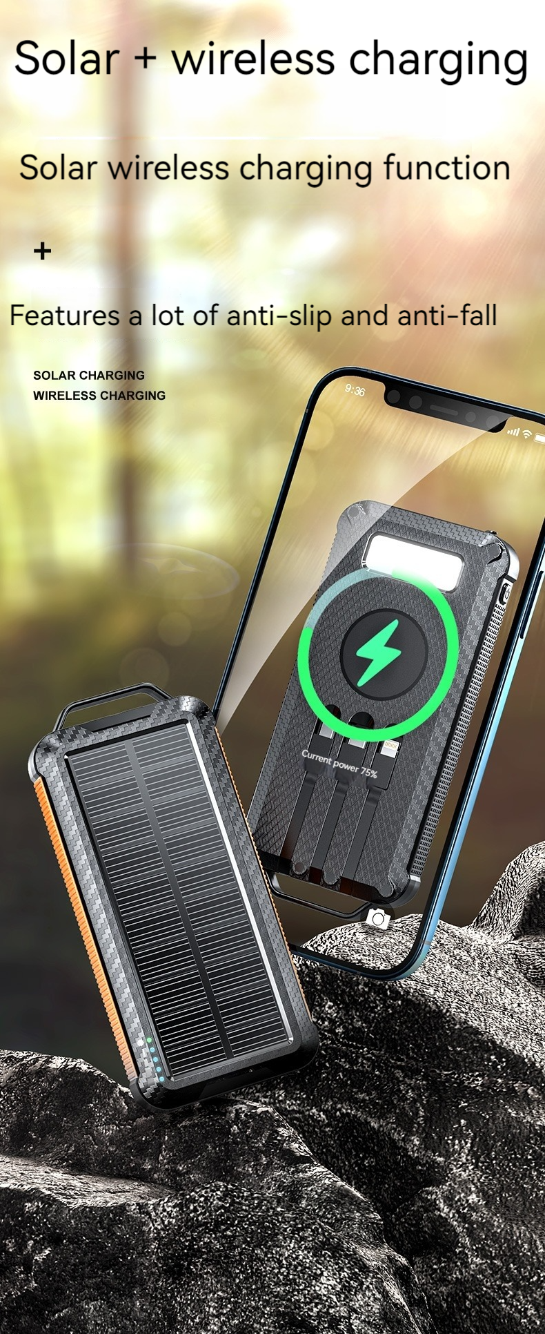 Li-Polymer Battery Solar Power Bank 10000mAh for iPhone 15 Wireless Charging and Outdoor