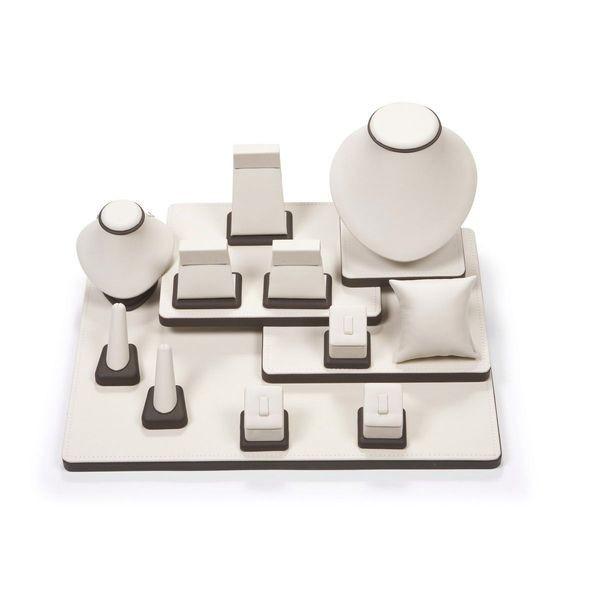 Jewelry Shop Cabinet Display Set Chocolate/Beige Fabric Stand for Necklace