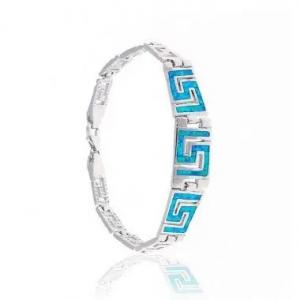 China Greek Style 925 Sterling Silver Jewelry Greek Key Blue Fire Opal Gemstone Bangle Blue Opal Bracelet on sale