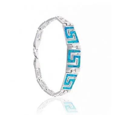 Greek Style 925 Sterling Silver Jewelry Greek Key Blue Fire Opal Gemstone Bangle