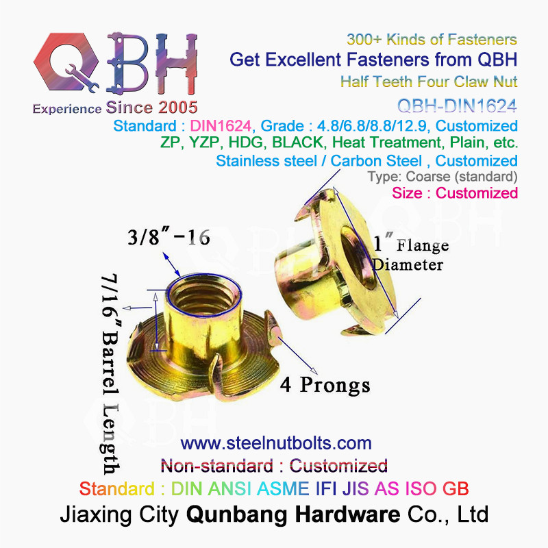 QBH M4-M10 DIN 1624 Yellow Zinc Coated Carbon Steel Tee Nuts With Pronge