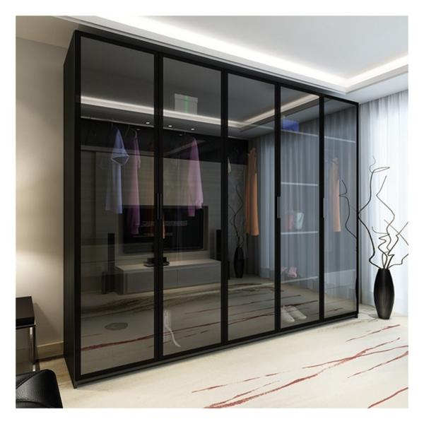 Home Furniture Modern Black Aluminium Framed Glass Panels Solid Wood Wardrobe