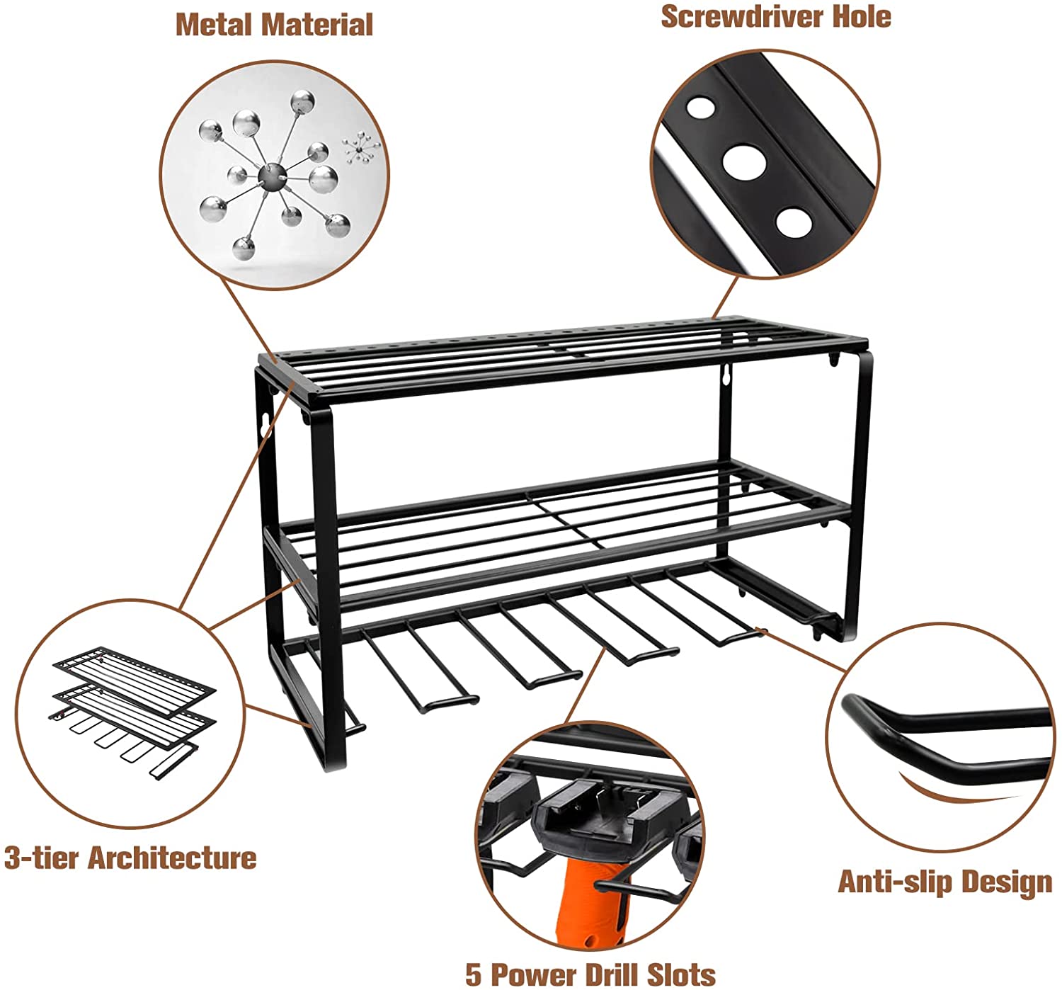 Removable Design Heavy Duty Metal Power Tool Shelf for Wall Mounted Type Drill Holder
