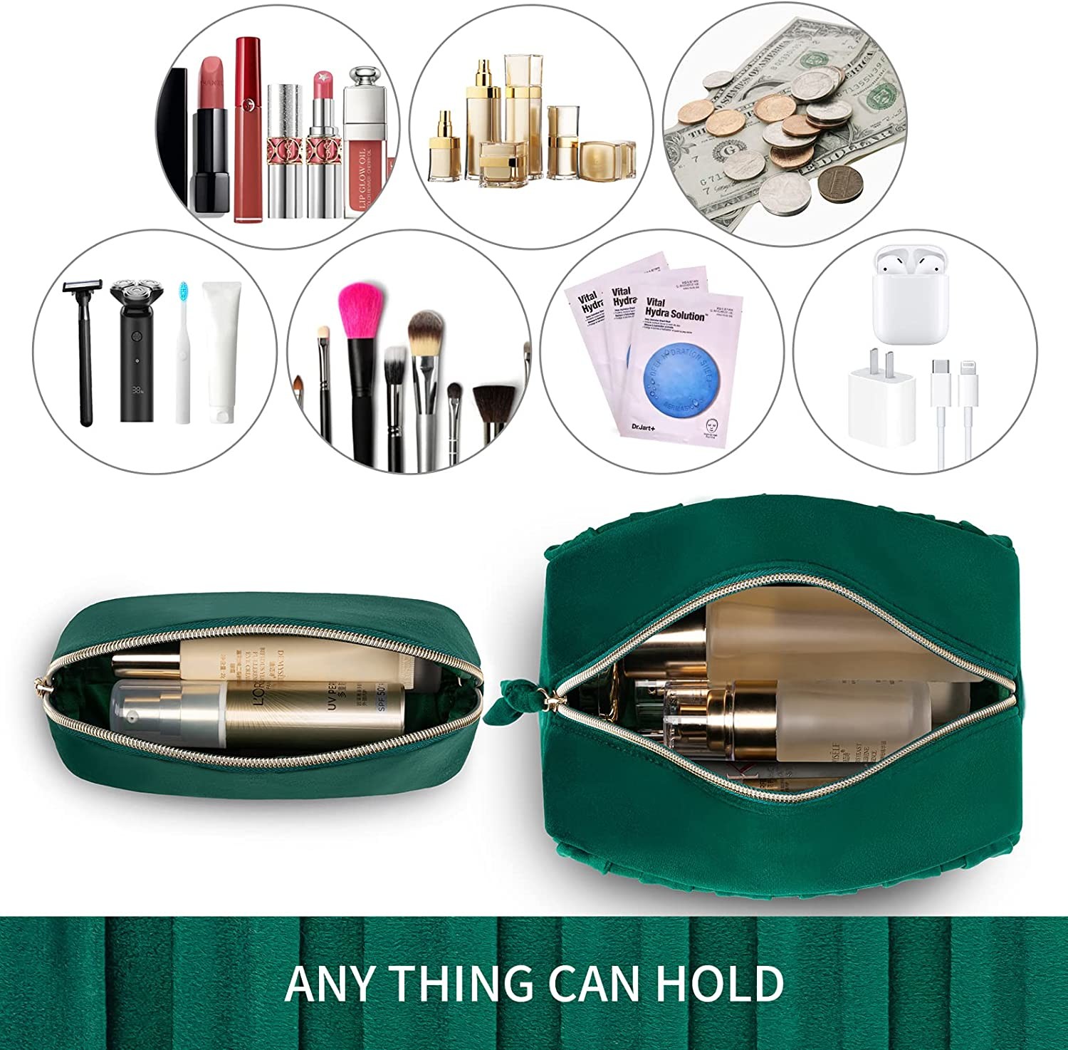 Velvet Custom Pouch Luxury Beauty Makeup Bag Zipper Velvet Travel Professional Cosmetic Bag Green