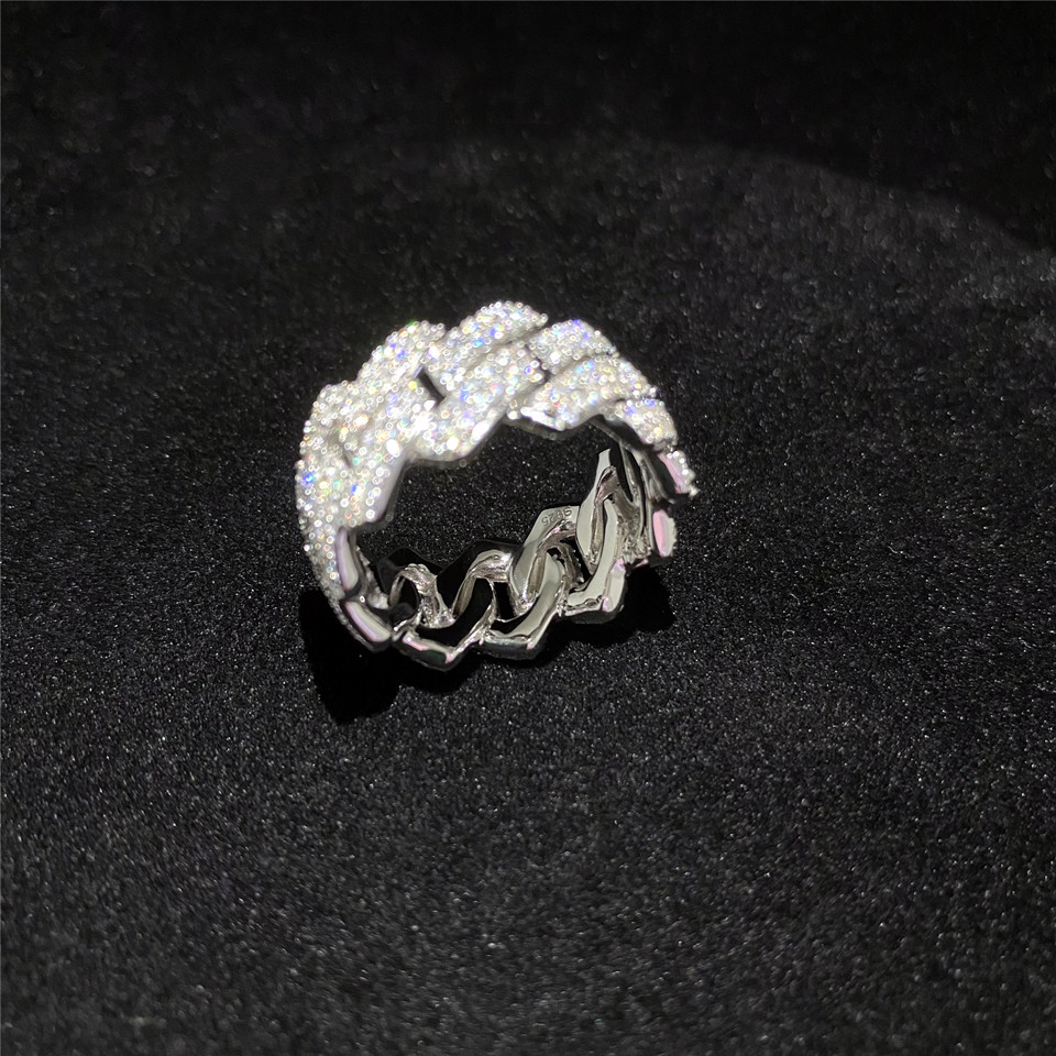 925 Sterling Silver Moissanite Ring Cuban Link Jewelry Hip Hop Chain