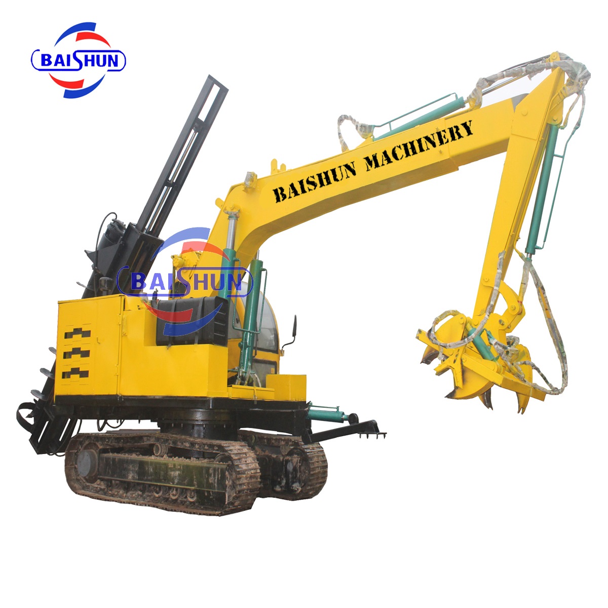 Wooden pole erecting by tractor mounted post hole digger machine