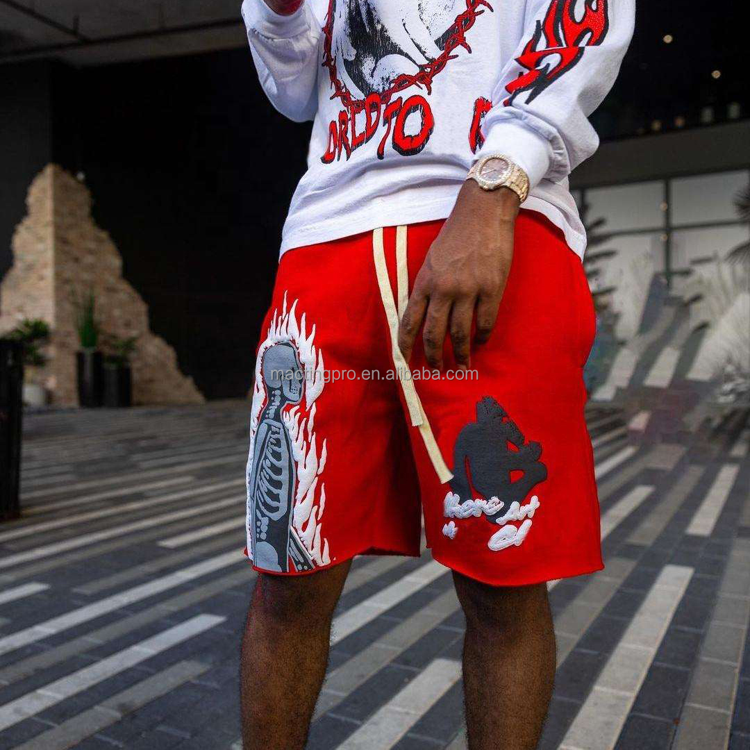 Knitted Weaving Method Vintage Acid Wash Faded Puff Print Shorts for Men in Mid Waist