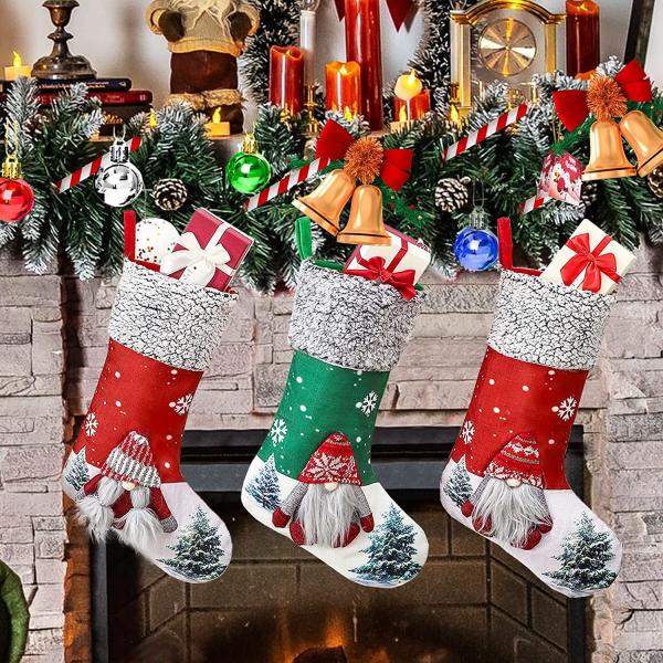 Christmas Stockings 3Pack, 18" Large 3D Gnome Santa Xmas Stockings Decorations