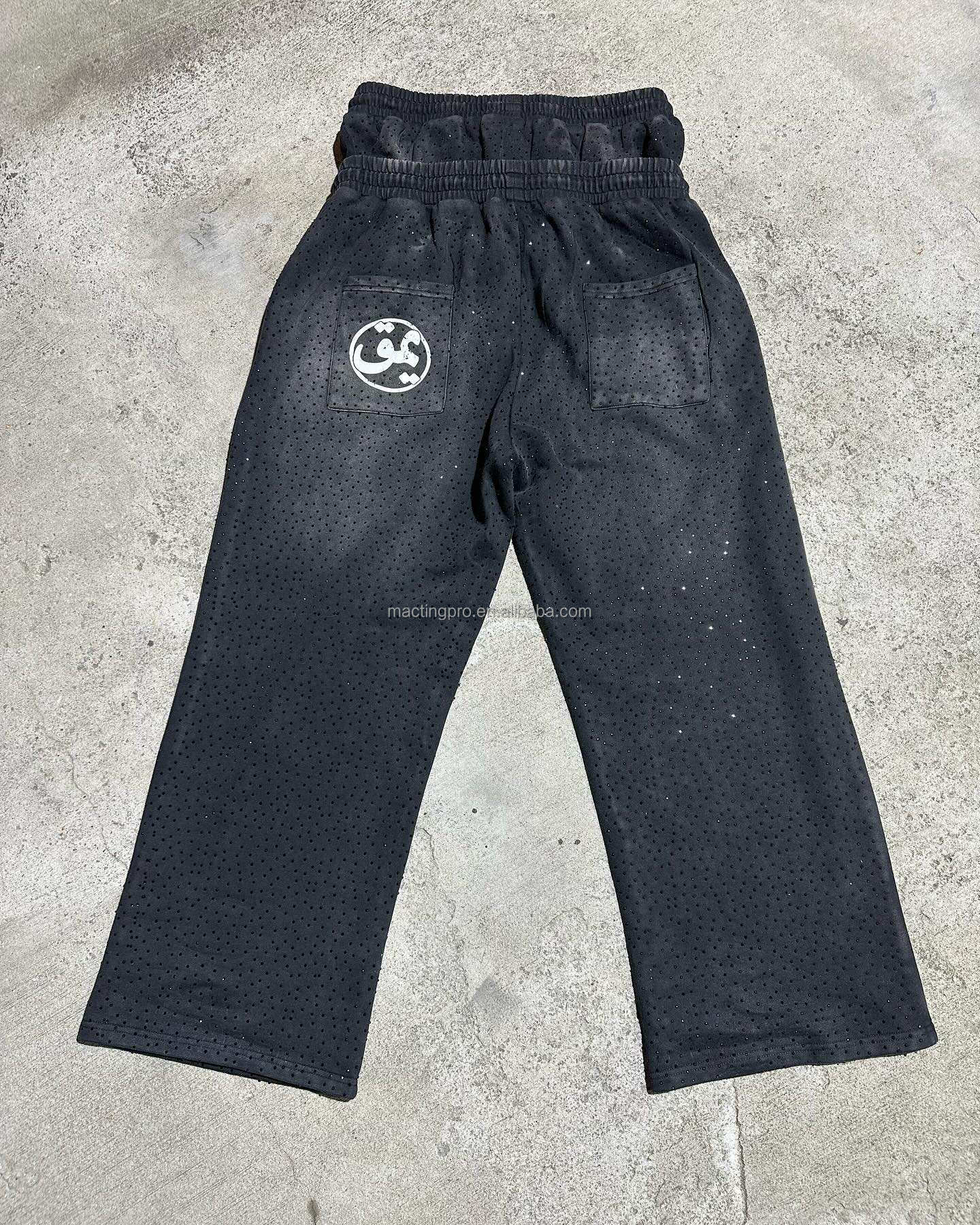 Vintage Acid Wash Distressed Rhinestone Double Waist Flared Baggy Sweatpants 100% Cotton