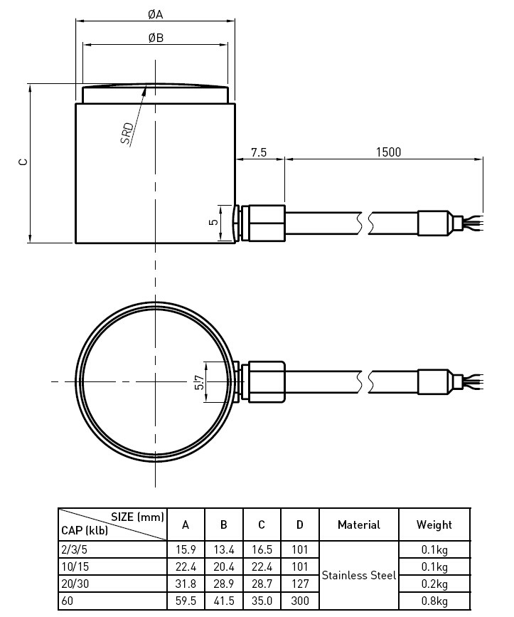 Stainless Steel Force Load Cell with Strain Gage Column Type 2klb To 60klb
