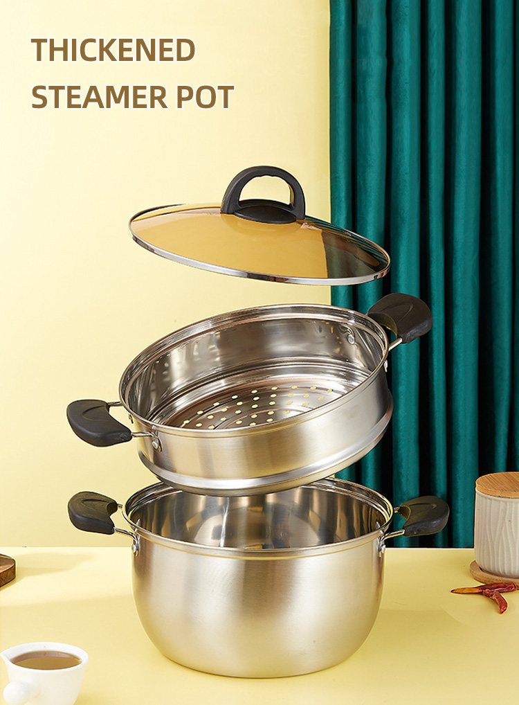 Factory Wholesale Two Layers Stainless Steel Saucepot Food Steamer Pots Circle Soup Pot With Glass Lid