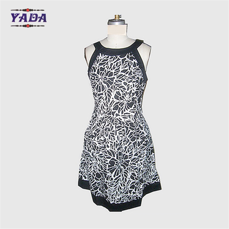 New fashion round neck sleeveless flower printed casual dresses brand pretty women knitted dress in cheap price
