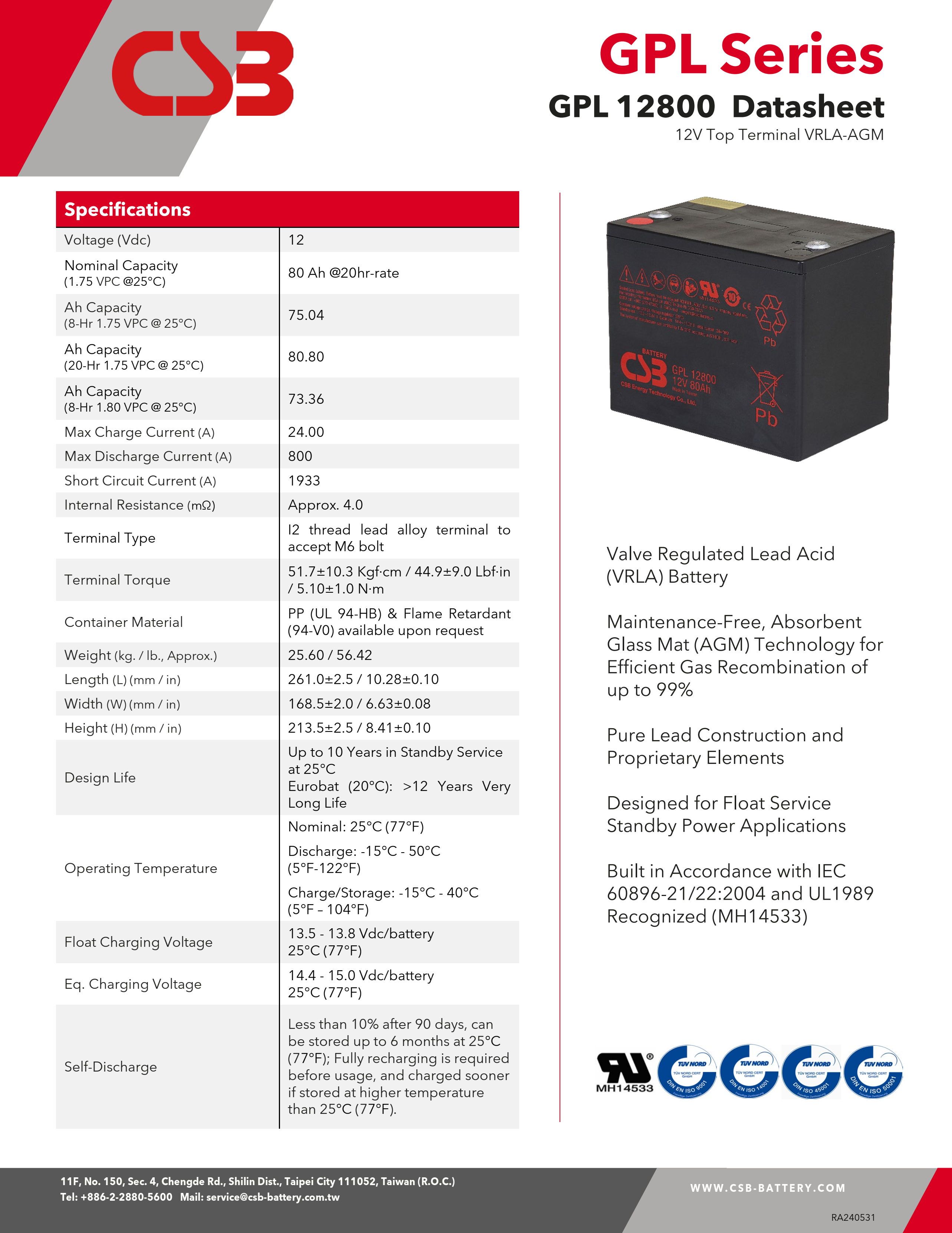 CSB Battery GPL12800 12V 80Ah Long Life Maintenance-Free Rechargeable VRLA CSB Lead Acid Battery for UPS