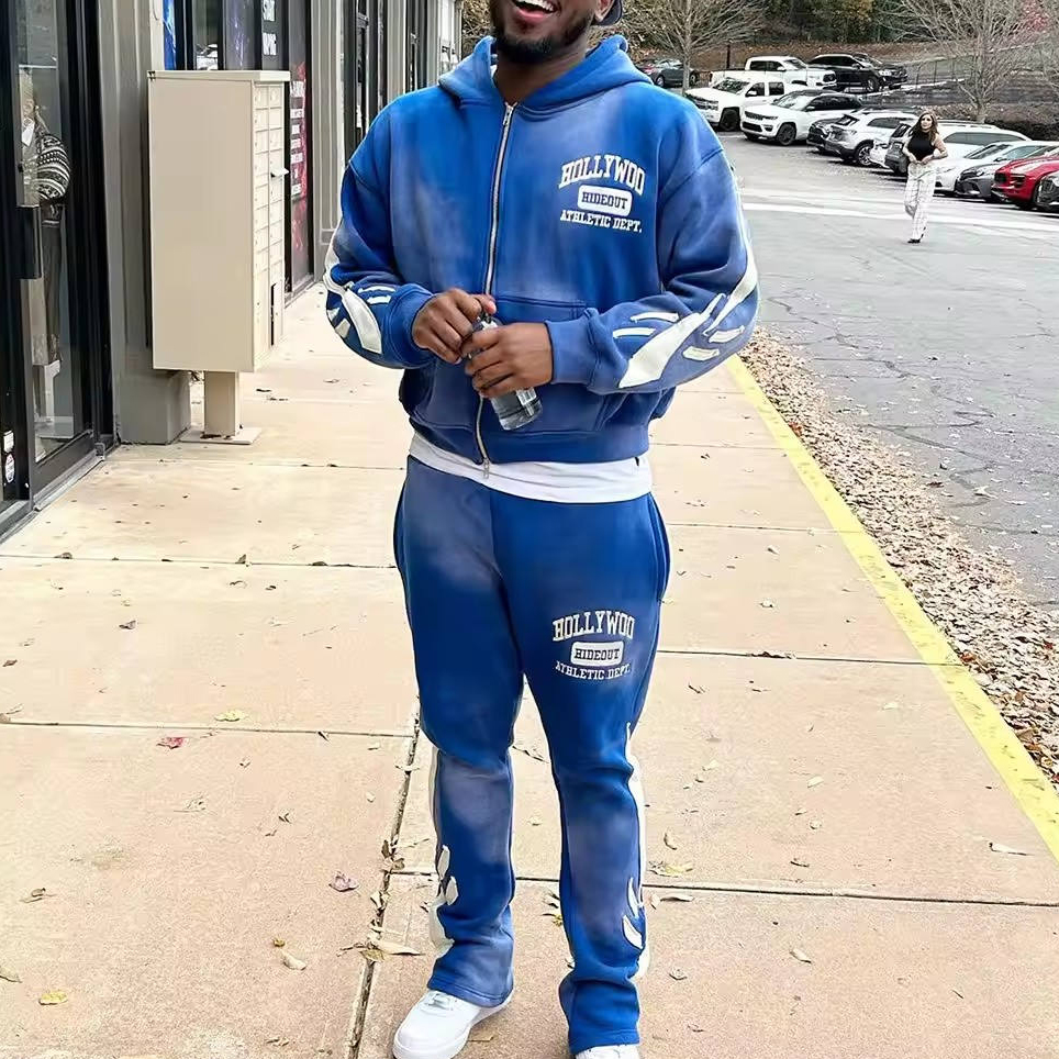 Custom Streetwear Vintage Cropped Zip Hoodie and Sweatpants Set with Towel Embroidery