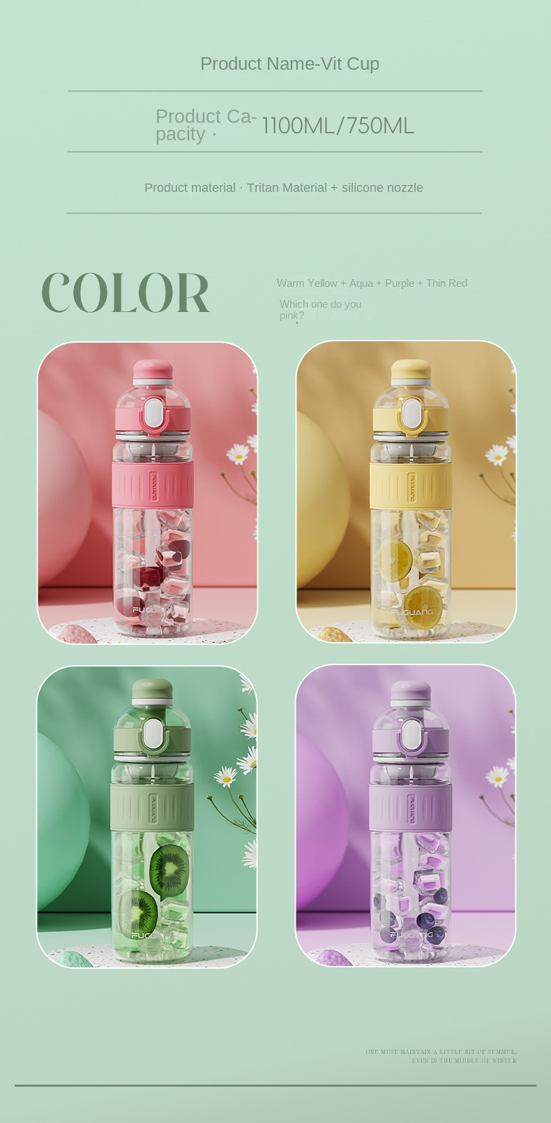 Multiple Color 750ml/1000ml Tritan Plastic Water Bottle With Straw Portable Pop Up Top Water Bottle With Tea Water Separation Non Leakage Easy To