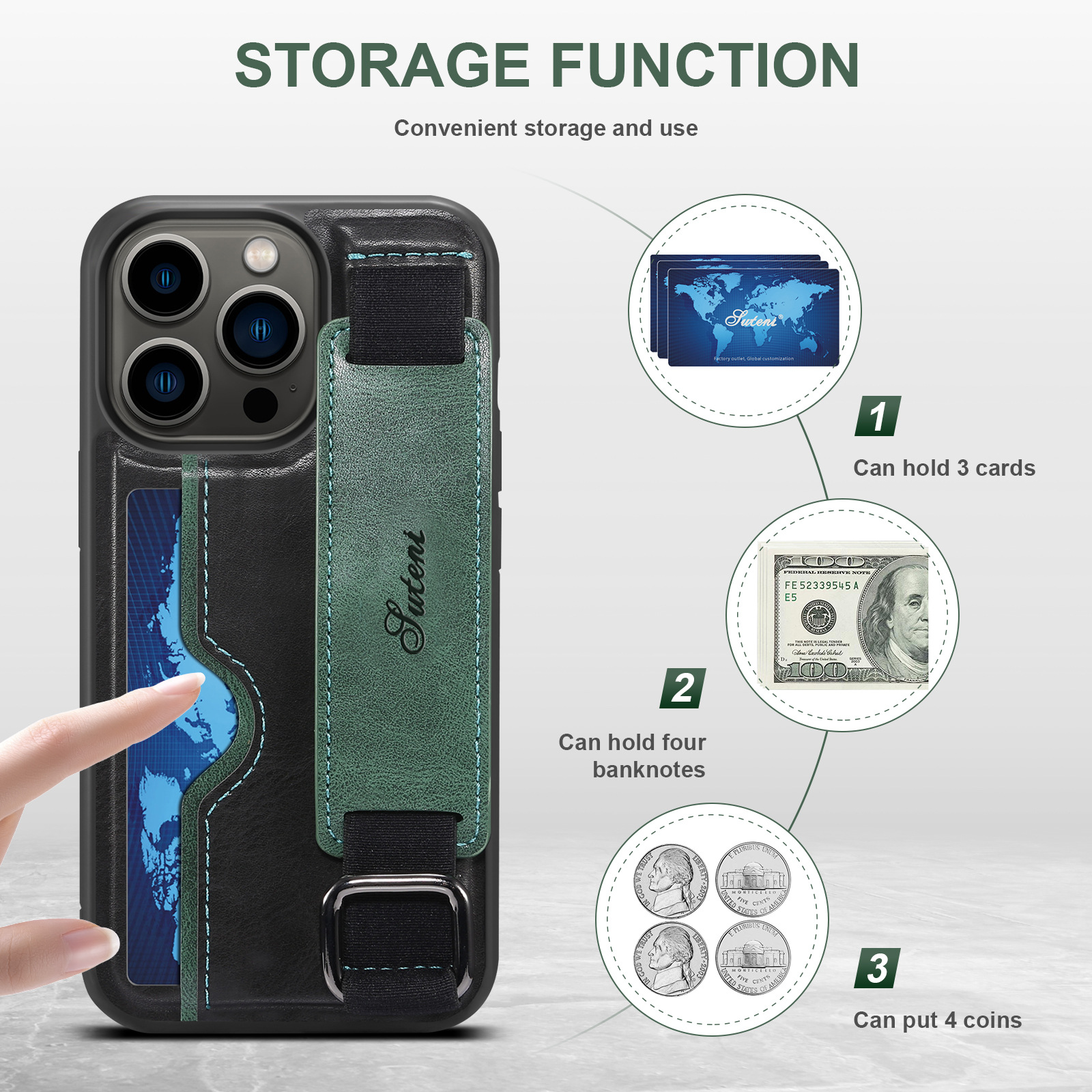 14 Pro Max Mobile Phone Case with Wrist Strap Stand and Card Slot in Green PU Leather