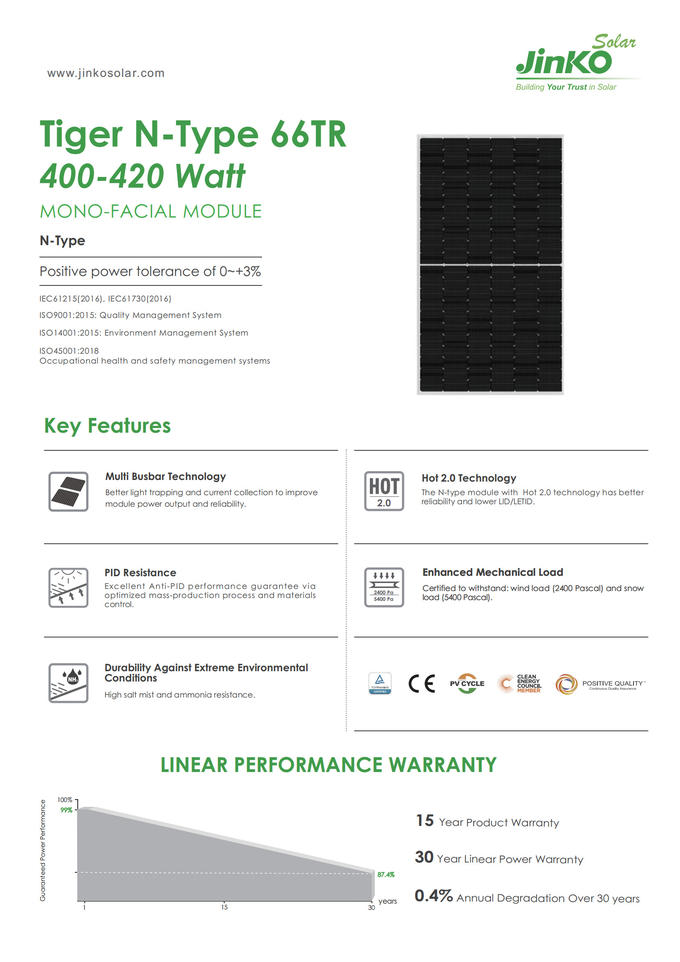 Jinko Tiger N-Type 66tr Mono Jinko Solar Panel 400W 405W 410W 415w 420w 6RL3