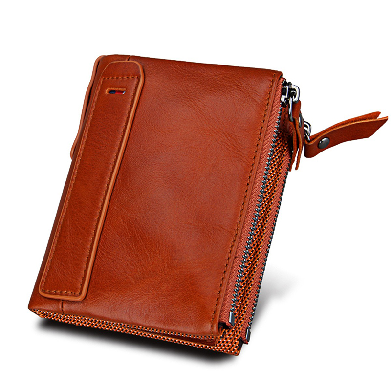 Crazy Horse RFID Credit Card Holder Blocking Vintage Double Zipper Genuine Leather Men's Wallet