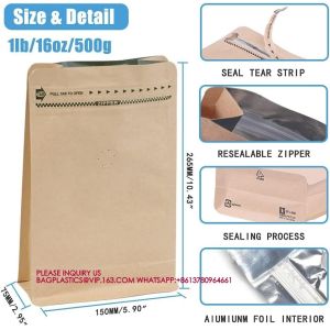 Flat Bottom Pouch with Air Release Valve and Reusable Side Zipper Kraft Paper