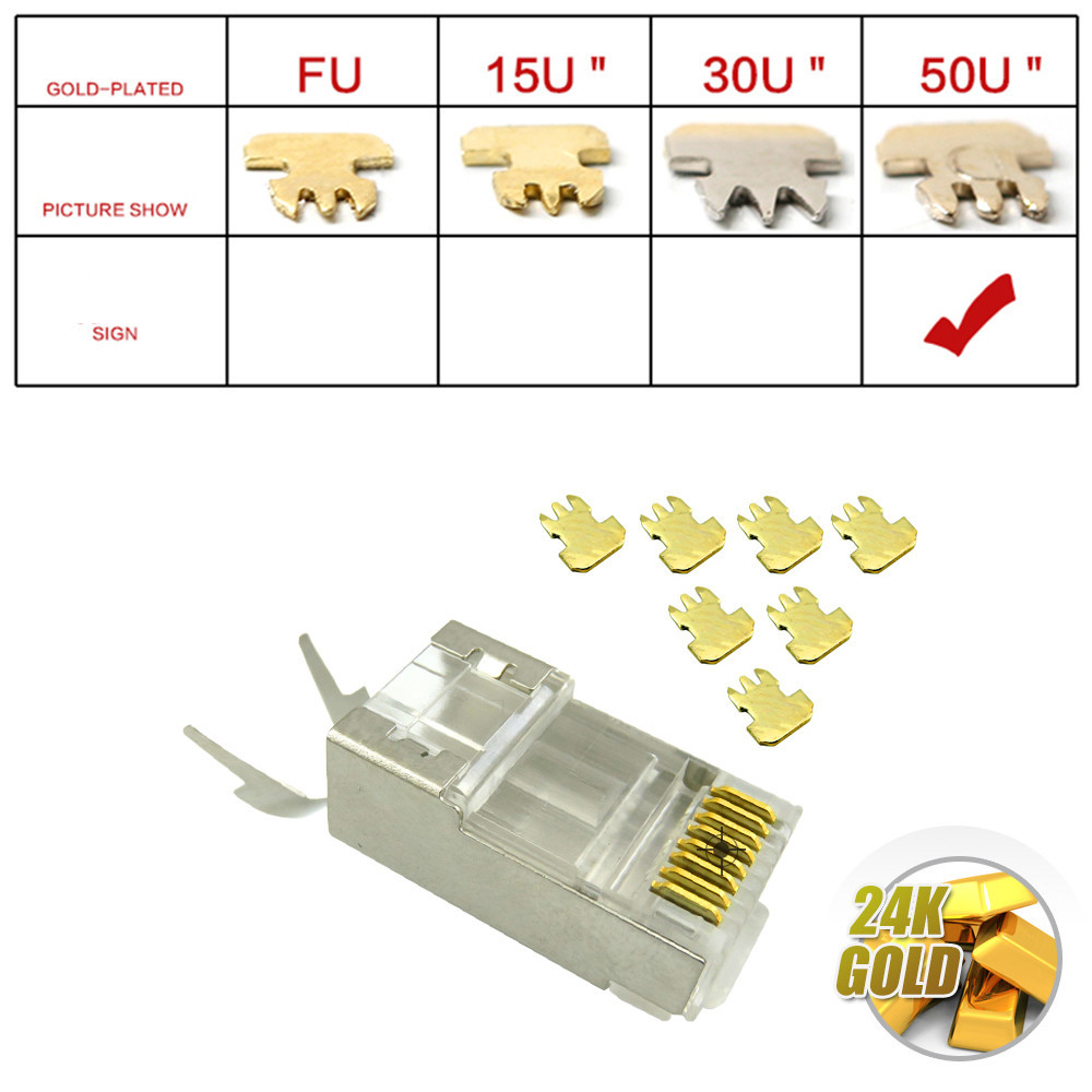  RJ45 Modular PLugs Cat7 Shielded Connectors 8P8C Two-piece Design 50u Gold Plated Manufactures