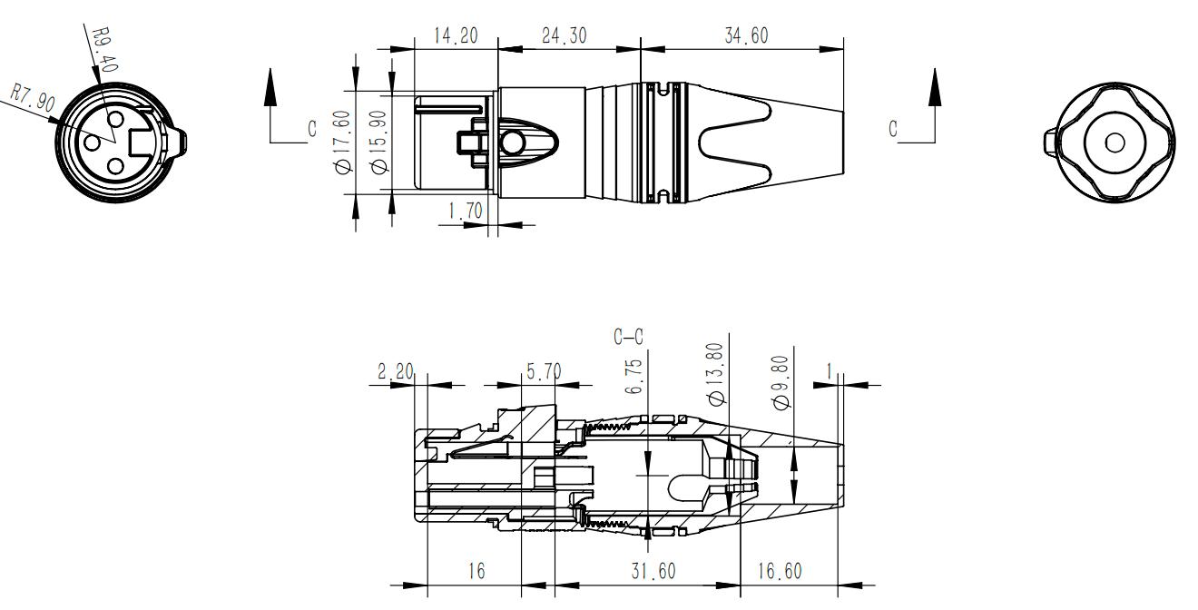 Video XLR Connector 10A Waterproof Female 3 Pin Connector Plug