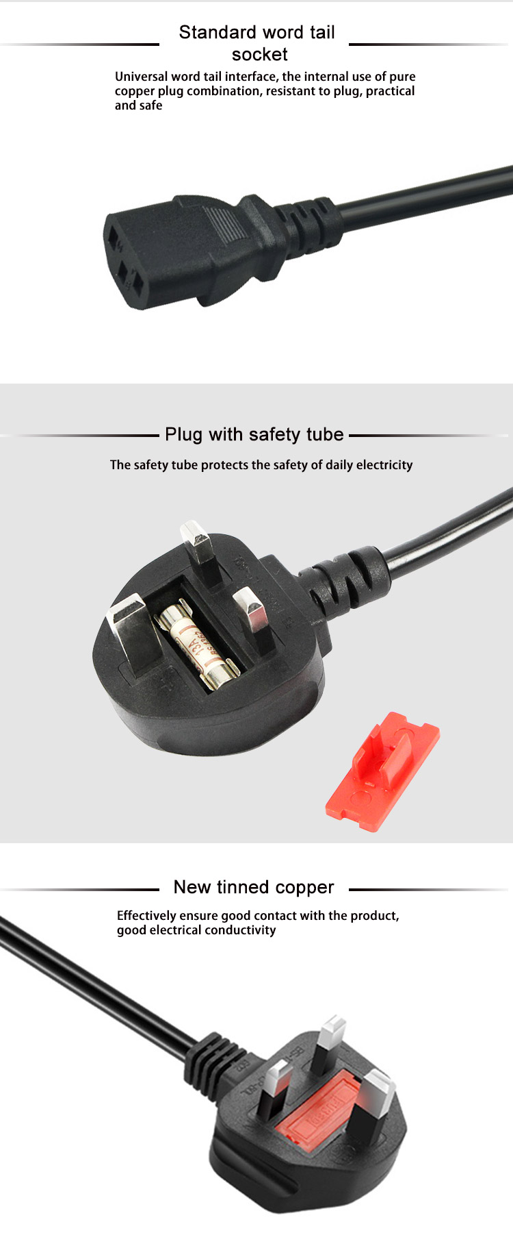 Multipurpose Round UK Power Cord 3 Pin 110v Power Cable High Performance