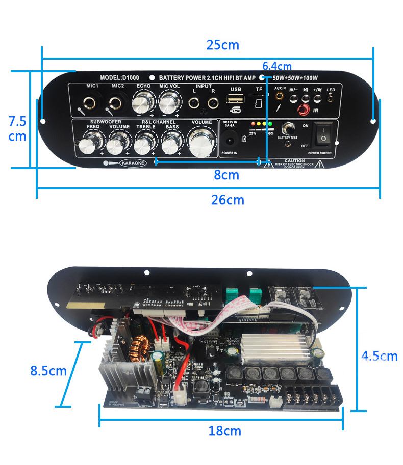 D1000 2.1 Channel Subwoofer Digital Amplifier Board 50W+50W+100W 12v Home Power Amplifier High/Low Tone Rechargeable