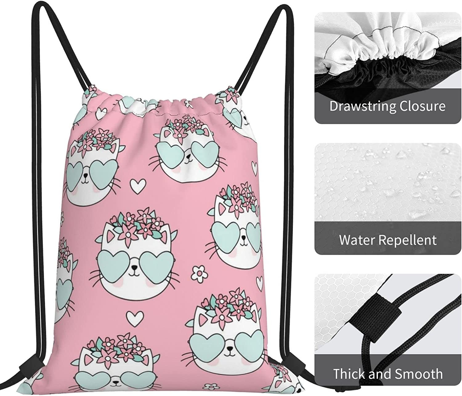 Lightweight Drawstring Backpack Drawstring Bags for Kids Girls Boys Teens Gym Dance String Bags Bulk Waterproof Cat