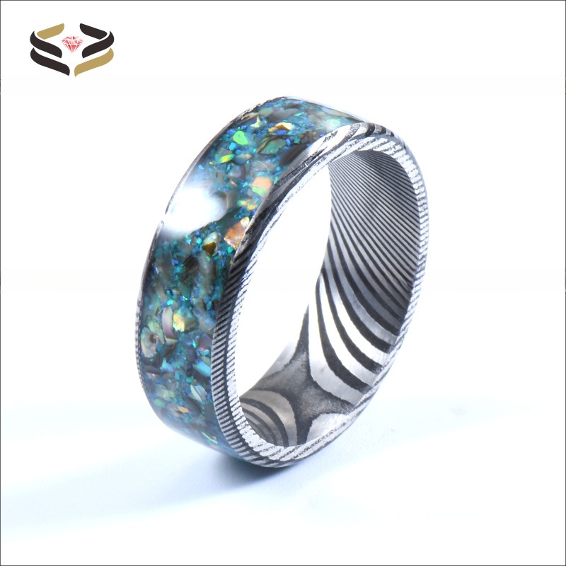 8mm Damascus Steel Men'S Wedding Band With Colorful Opal And Shell Inlay