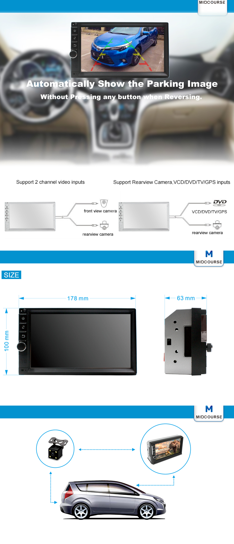 Car autoradio 2din 7 inch touch screen parking aid Build in USB SD BLUETOOTH Backup camera