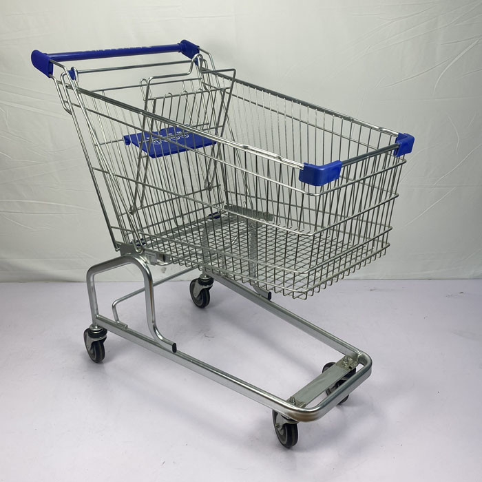 German Style 150L Large Capacity Grocery One-Stop Shopping Supermarket Steel Trolley PU Wheels With Blue Plastic Parts