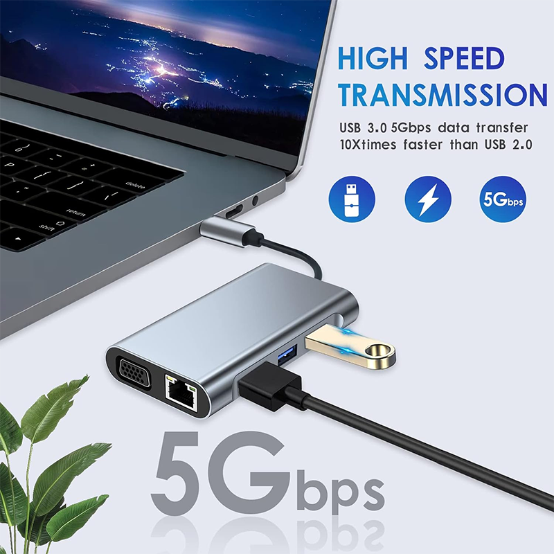 Multi Function 8-In-1 USB-C USB C Docking Station with Dual 4K HDMI and 2 HDMI Ports Gray